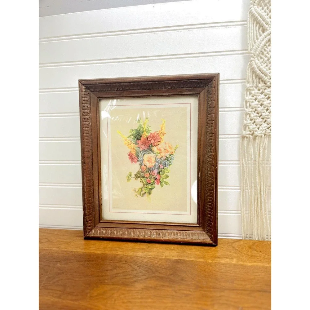Vintage Floral Print in Wooden Frame - 1976 D.A.C. NY